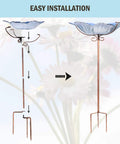 Glass Flower Pattern Bird Bath With Metal Stake For Outdoor Garden Yard Lawn Decor Blue Glass Bird Feeder Bowl installation diagram