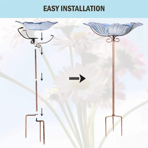 Glass Flower Pattern Bird Bath With Metal Stake For Outdoor Garden Yard Lawn Decor Blue Glass Bird Feeder Bowl installation diagram