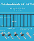 Diagram showing measurements of Extra Wide Window Safety Gate For Kids And Pets Tension Mount No Drilling Kidproof Pet Friendly Safe Home Barrier Fits 61.41 To 86.60 Inches Black 3 Piece Setup Easy Use