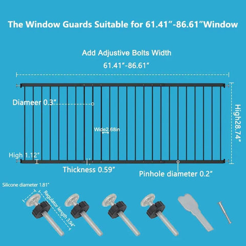 Diagram showing measurements of Extra Wide Window Safety Gate For Kids And Pets Tension Mount No Drilling Kidproof Pet Friendly Safe Home Barrier Fits 61.41 To 86.60 Inches Black 3 Piece Setup Easy Use