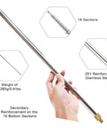 Heavy Duty 201 Stainless Steel Whip Antenna Telescopic 5.6 Meter With M10 External Thread held in hand, showcasing 14 sections.