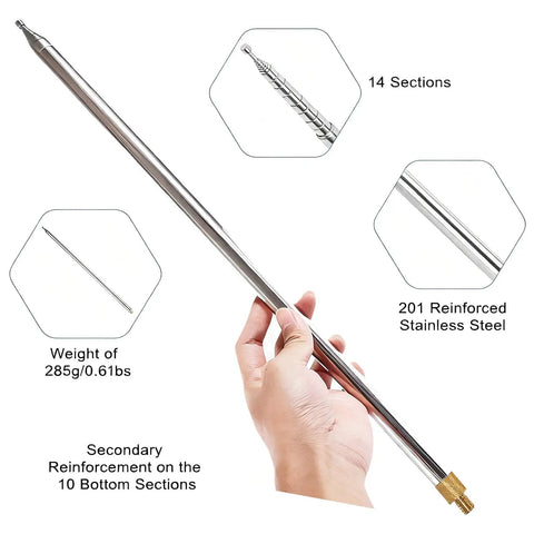 Heavy Duty 201 Stainless Steel Whip Antenna Telescopic 5.6 Meter With M10 External Thread held in hand, showcasing 14 sections.