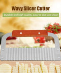 Front view of Chazcool crinkle cutter with wooden handle and stainless steel wavy blade for vegetables.