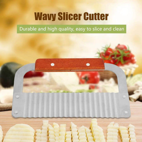 Front view of Chazcool crinkle cutter with wooden handle and stainless steel wavy blade for vegetables.