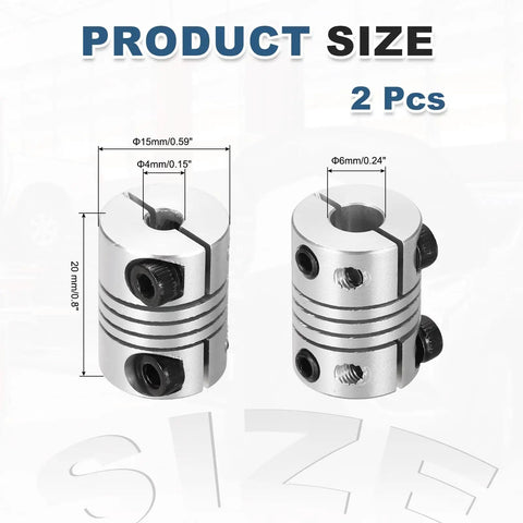 2 Pack Flexible Shaft Couplers 4 To 6 Mm Bore, 20 Mm Length, 15 Mm Diameter Aluminum Alloy Joint Connectors For Stepper Motors, 3D Printers, CNC Machines, DIY Encoders And Smooth Power Transmission; size diagram