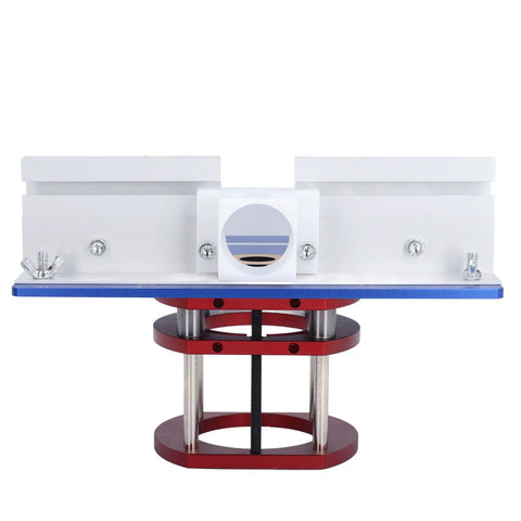 Heavy Duty Manual Lift Router Table Kit With Blue Aluminum Base Plate For 64 To 66 Mm Motors Solid Shop Upgrade Precision woodworking setup with red base and crank