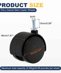 Four Pack Two Inch Swivel Caster Wheels Fitted With M6x15mm Threaded Stems Built Like A Tank So They Ride Smooth On Chairs And Wooden Furniture Heavy Duty Black Polypropylene Casters Handle Forty Four Pounds, showing size dimensions.