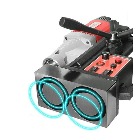 Close-up of Heavy Duty Portable Magnetic Drill Press With Rock Solid Suction Base Adjustable Speed Forward And Reverse Rotary Hole Cutter Tapping Machine.