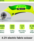 Wisyok Cordless Electric Scissors With 4.2V Rechargeable Battery and Dual Blades showing specs like 300 RPM cutting speed and 0.93 lbs weight.