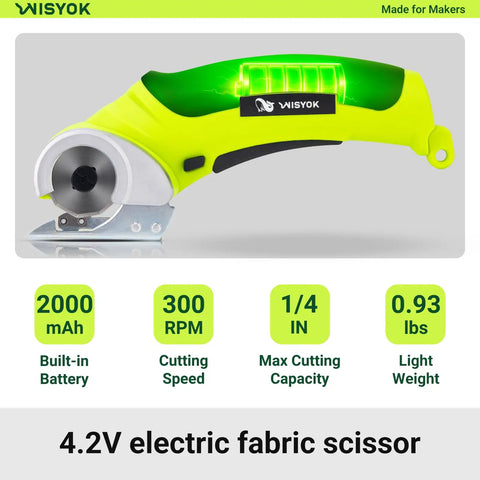 Wisyok Cordless Electric Scissors With 4.2V Rechargeable Battery and Dual Blades showing specs like 300 RPM cutting speed and 0.93 lbs weight.