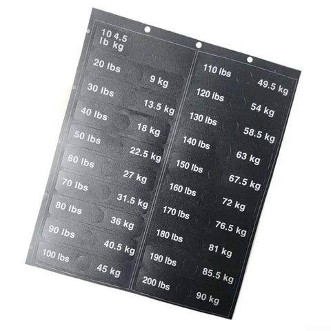 Weight Stack Labels for Gym Equipment Pack with Black Load Plate Decals on sheet showing weight in lbs and kgs