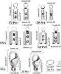 All In One Jewelry Making Kit With 304 Stainless Steel Findings 200 Fold Over Crimp Cord Ends 200 Jump Rings 50 Lobster Clasps For Earrings Bracelets And Necklaces DIY Craft Making, showing various sizes and types of findings in stainless steel.