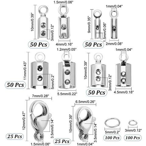 All In One Jewelry Making Kit With 304 Stainless Steel Findings 200 Fold Over Crimp Cord Ends 200 Jump Rings 50 Lobster Clasps For Earrings Bracelets And Necklaces DIY Craft Making, showing various sizes and types of findings in stainless steel.