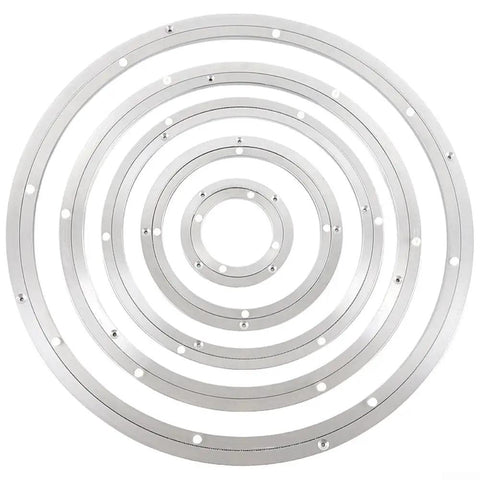 Rotating Bearing Turntable Base 5 Inch Aluminum Alloy Lazy Susan Hardware detail with concentric rings for kitchen use.