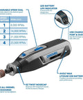 Grab And Go Cordless Rotary Tool Kit With 4V Battery Power And Variable Speed Up To 25000 RPM Ideal For Hassle Free DIY Crafts And Precision Carving Includes Ten Nifty Attachments And Smooth Keyless Chuck For Fast Tweaks, features battery life indicator and tool controls.