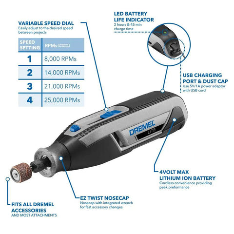 Grab And Go Cordless Rotary Tool Kit With 4V Battery Power And Variable Speed Up To 25000 RPM Ideal For Hassle Free DIY Crafts And Precision Carving Includes Ten Nifty Attachments And Smooth Keyless Chuck For Fast Tweaks, features battery life indicator and tool controls.