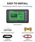 Rugged Battery Monitor With Shunt For 12V Rigs Up To 500A displayed with LCD interface and 20ft shielded cable components.