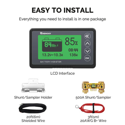 Rugged Battery Monitor With Shunt For 12V Rigs Up To 500A displayed with LCD interface and 20ft shielded cable components.
