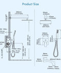 Diagram of All In One Matte Black Shower System With 10 Inch Rain Shower Head And Handheld Spray dimensions and specifications.