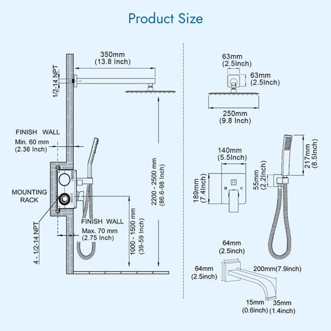 Diagram of All In One Matte Black Shower System With 10 Inch Rain Shower Head And Handheld Spray dimensions and specifications.