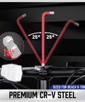 37-Piece Hex Key Set With Ball End Long Arm For SAE And Metric Allen Wrenches shown with 25-degree angle flexibility on bicycle.