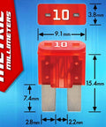 Close-up of red 10A blade fuse with measurements, part of 120 Piece Auto Fuse Kit With 119 Blade Fuses And Color Coded Housings Plus Fuse Puller Includes 5A 7.5A 10A 15A 20A 25A 30A For Quick Fixes And Easy Visual ID.
