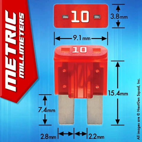 Close-up of red 10A blade fuse with measurements, part of 120 Piece Auto Fuse Kit With 119 Blade Fuses And Color Coded Housings Plus Fuse Puller Includes 5A 7.5A 10A 15A 20A 25A 30A For Quick Fixes And Easy Visual ID.
