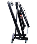 Hella Stable 2 Ton Folding Engine Hoist Cherry Picker showing smooth rolling iron caster wheels and adjustable lifting arm.