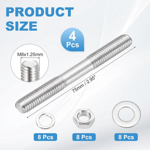 4 Pack M8x75mm Double Ended Stud Screws In 304 Stainless Steel For Home Improvement And Structural Anchoring Dual Threaded Rods With Nuts And Washers