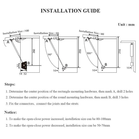 Installation guide for Two Pack Lift Support Gas Strut With Soft Close Hinges 150N 33Lb showing mounting instructions in millimeters.