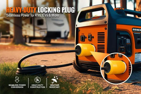 Top Shelf Heavy Duty 50 Amp Generator Cord With Twist Lock Female Plug 125 To 250 Volt Industrial Grade Grounded Cable 12500 Watt Output connected to generator.