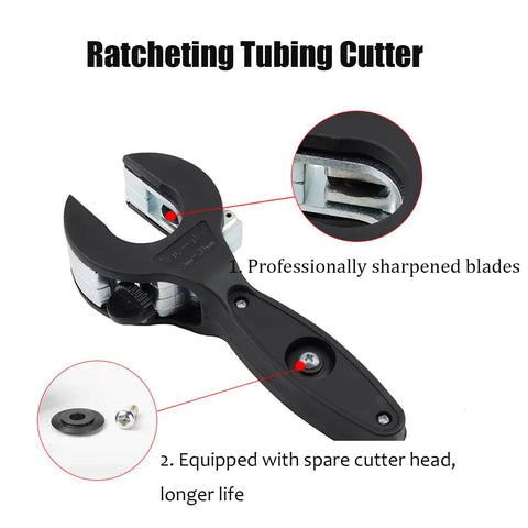 Close-up of black Ratcheting Tubing Cutter For Tight Spaces One Quarter To Seven Eighths Inch Two In One, showing blade and spare head