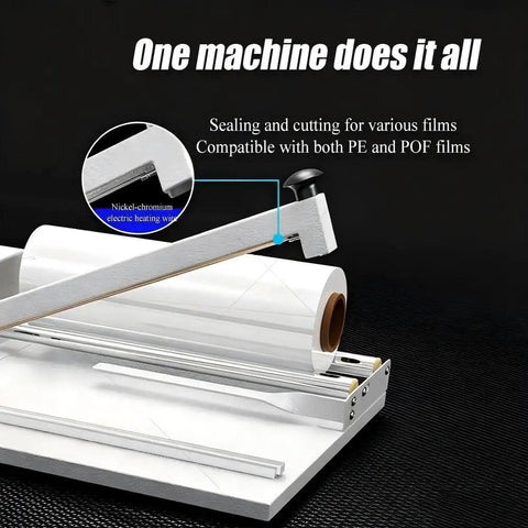 Heavy Duty Shrink Wrap Machine Sealer For POF And PVC Film With Heat Gun And 9 Temp Levels system showing sealing and cutting features.