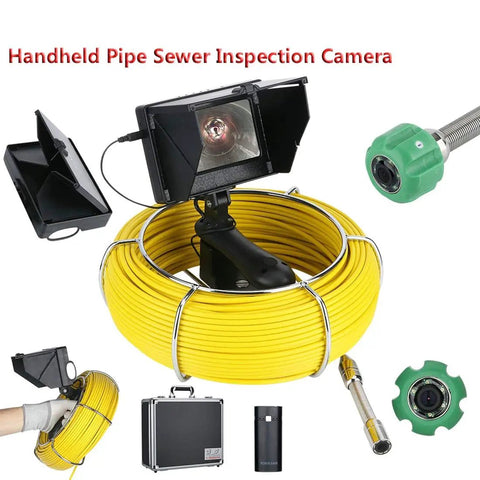 Hardcore Heavy Duty Handheld Pipe Inspection Camera Featuring A Rigid 22 Mm Probe For Sewers Drains And Clogs IP68 Waterproof Borescope Endoscope Video System with yellow cable and camera.