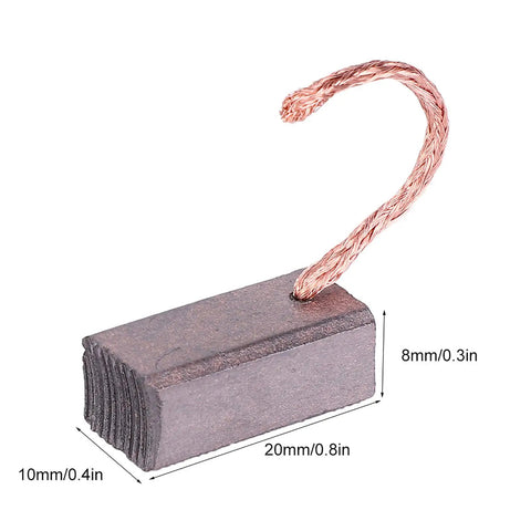 Premium Carbon Brushes for Electric Vehicle DC Motor Replacement with 8X10X20mm J432A Size, close-up showing dimensions and copper wire.