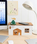 Wooden Cable Management Box For TV And Computer Setup Hidden Cord Organizer on desk with lamp and computer