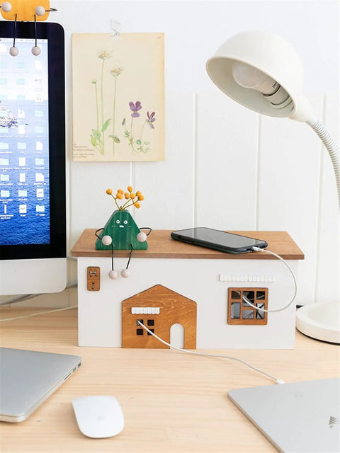 Wooden Cable Management Box For TV And Computer Setup Hidden Cord Organizer on desk with lamp and computer