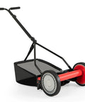 Red 14 Inch 5 Blade Push Reel Mower With Removable Grass Catcher For Small To Medium Yards Durable Steel Blades Clean Cuts Easy Maneuver Quiet Eco Friendly Lawn Care, black handle and catcher