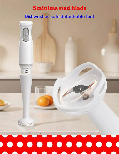 Slick Two Speed Hand Blender With Beast Mode 300W Peak Motor showing stainless steel blades and detachable foot, ideal for smoothies.
