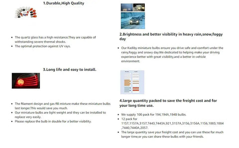 Infographic illustrating features of durable, high-quality bulbs emphasizing brightness, long life, and large 100-pack for efficient use.