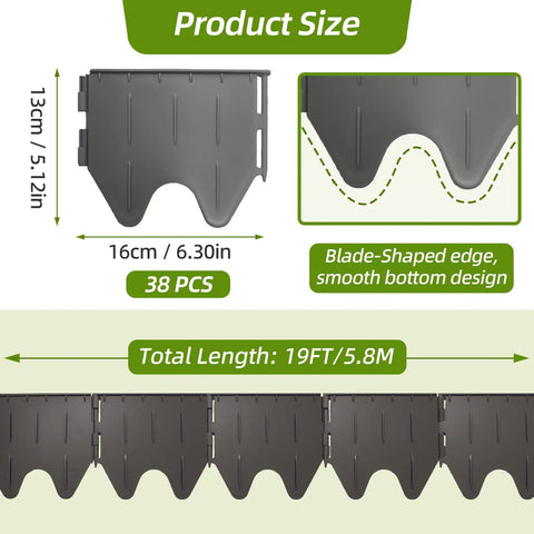 Interlocking Garden Edging Border Kit With 38 Pieces, 20 Ft Of Durable Plastic Lawn Border dimensions and design details.