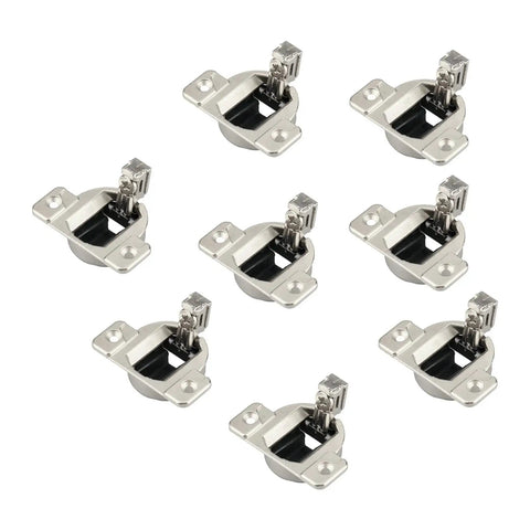 Image showing 8 Pack Open Side Cabinet Hinges With 110 Degree Self Closing For Doors 16mm To 19mm Thick, 35mm Cup Behind Door, in silver finish.