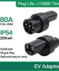 Tesla To Type 2 Adapter Nacs Electric Vehicle Charger Converter showing IP54 waterproof 80A EV charging plug, compact and portable design.