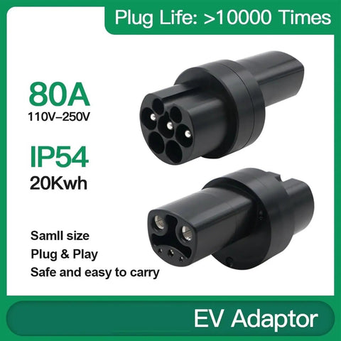 Tesla To Type 2 Adapter Nacs Electric Vehicle Charger Converter showing IP54 waterproof 80A EV charging plug, compact and portable design.