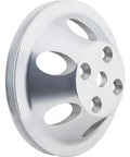 Beefy Lightweight Aluminum Pulley Set For Long Water Pump With 1 Groove Upper And 2 Groove Lower V Belt Design For 1969 To 1985 Small Block Chevy SBC Includes Single Groove Water Pump Pulley And Double Groove Crank Pulley close-up