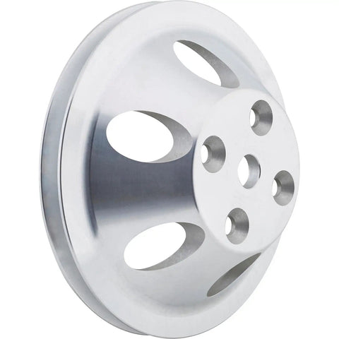 Beefy Lightweight Aluminum Pulley Set For Long Water Pump With 1 Groove Upper And 2 Groove Lower V Belt Design For 1969 To 1985 Small Block Chevy SBC Includes Single Groove Water Pump Pulley And Double Groove Crank Pulley close-up