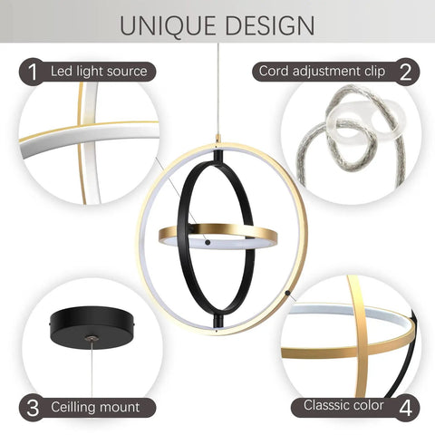 Chandeliers Modern Black And Gold Ring Pendant Light Fixture With Adjustable Heights 3000K Warm White Eyesafe Cozy Vibe Contemporary Ceiling Lighting showing design details.