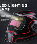 Auto Darkening Welding Helmet With Intelligent Light Pro Grade Full Digital Filter True Color Welding Mask Hood Rechargeable Battery Wide Shade Range 3 To 5 9 To 9 13 For TIG MIG MMA Grind Cut Lock with LED lighting, featuring a sleek black and red design, visible from a side angle.