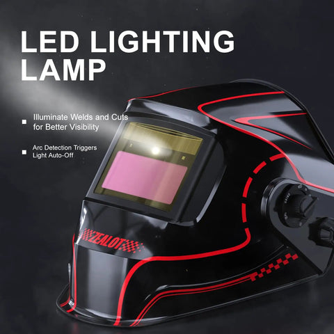 Auto Darkening Welding Helmet With Intelligent Light Pro Grade Full Digital Filter True Color Welding Mask Hood Rechargeable Battery Wide Shade Range 3 To 5 9 To 9 13 For TIG MIG MMA Grind Cut Lock with LED lighting, featuring a sleek black and red design, visible from a side angle.