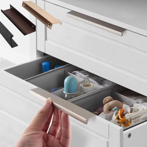 Long Aluminum Cabinet Edge Pull Handle For Kitchen Cabinets And Wardrobes, Hidden Concealed Door Pull, in use on dresser drawer